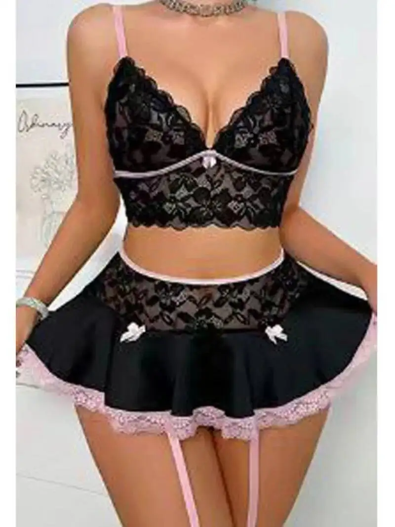 

Сексуальные сетчатые интересные комплекты платьев, женские сетчатые лоскутные кружевные подвязки с бантом, открытый пупок, подтяжки на груди, комплекты платьев JYM6