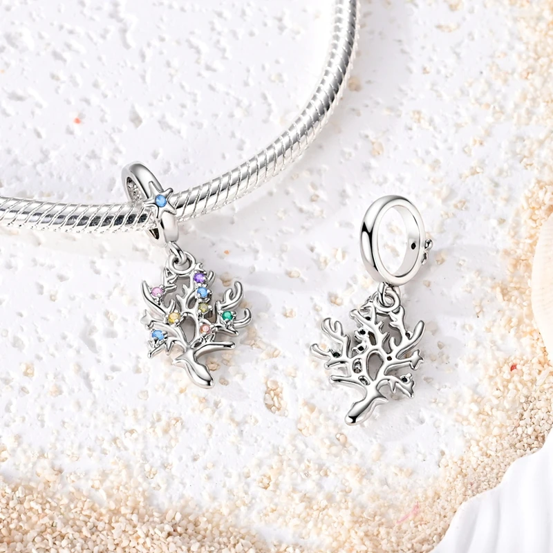 

925 Sterling Silver Vibrant Multihued Coral Charms Pendant Zircon Dangle Fit 3mm Original Bracelet DIY Women Fine Jewelry Gifts