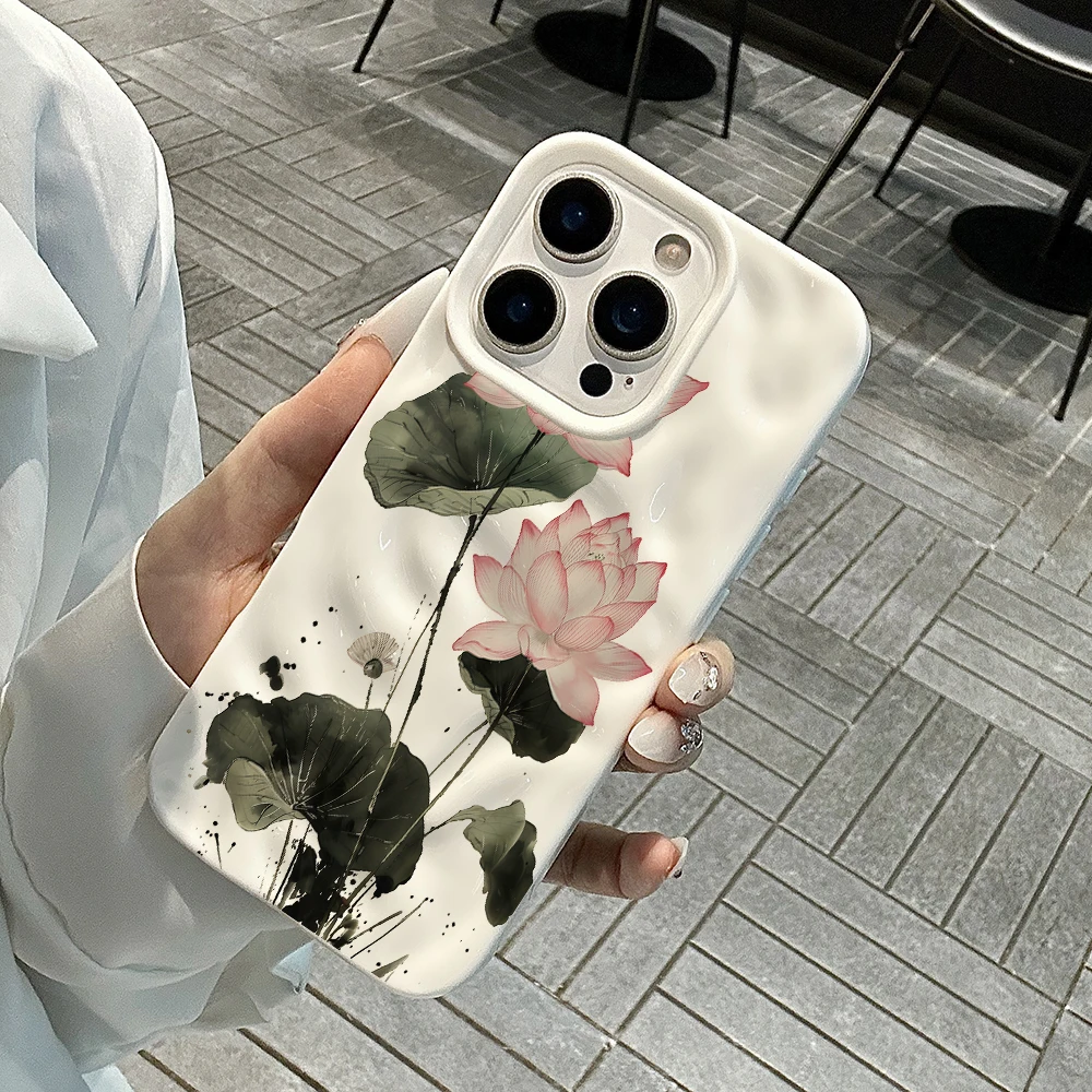Koreanische Frühlingslotus-Druck-Handyhülle für iPhone 17 16 15 14 13 12 11 Pro Max 14 Plus 17Air Faltenwellen-Soft-Silikonhülle – Detail 4