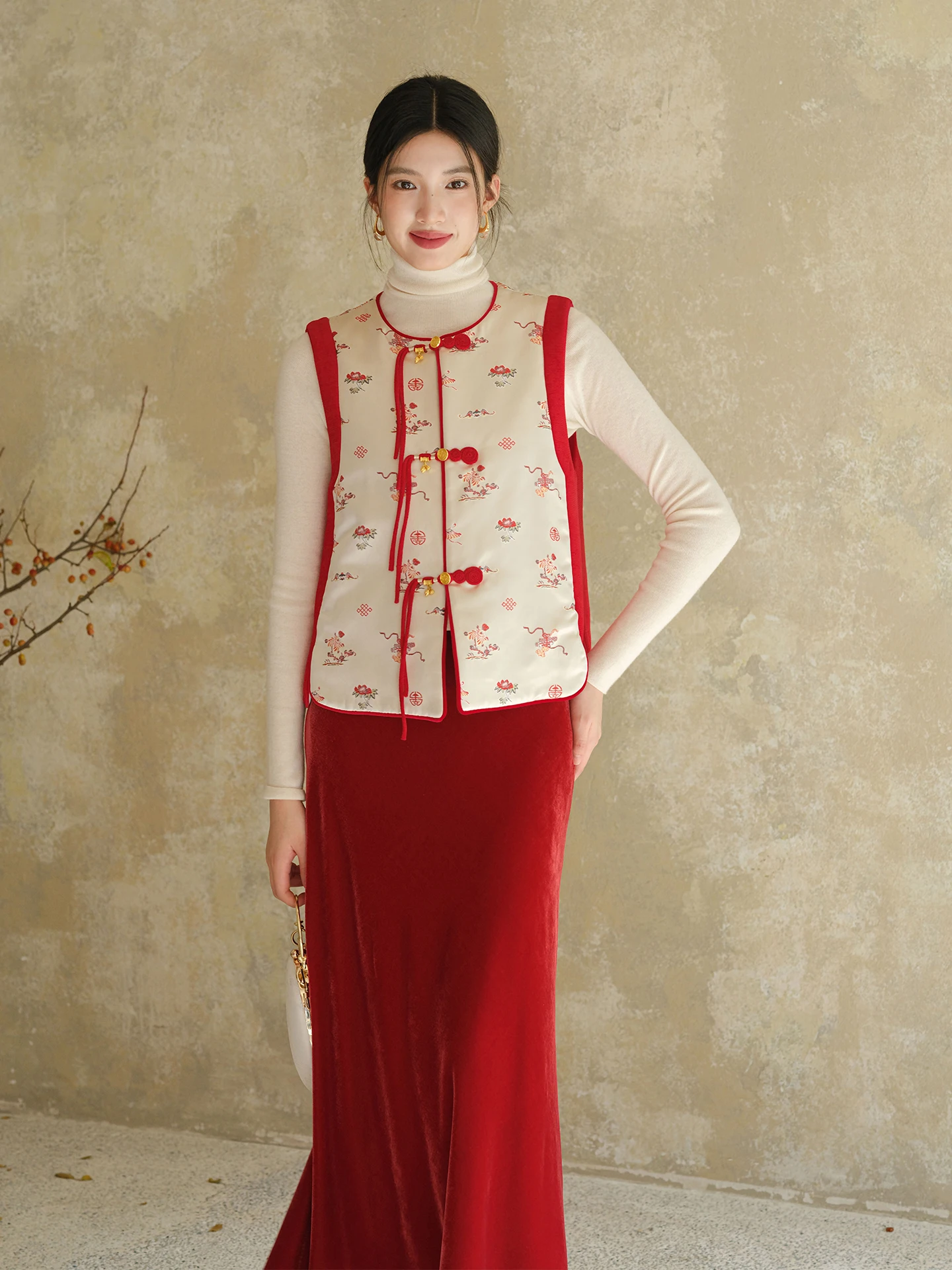 

Red Chinese Sle Cotton Vest Women's Faionable National Sle Embroidery Winter Outerwear ort Sve round Ne Button up