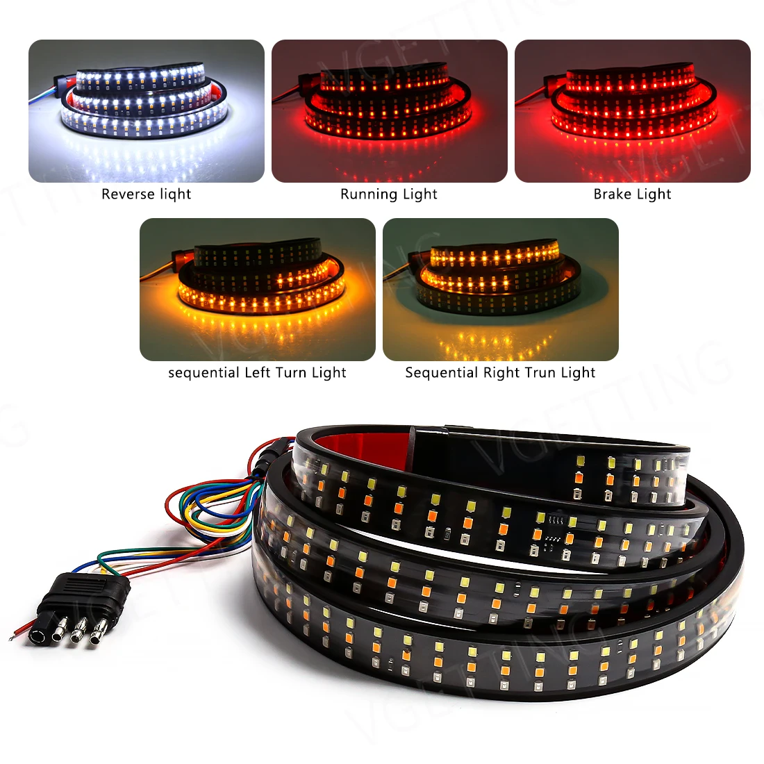 60 Inch Triple Row Truck Tailgate LED Light Bar 5-Function Turn Signal Brake Warning Reverse Lamp Running Light For Pickup Jeep