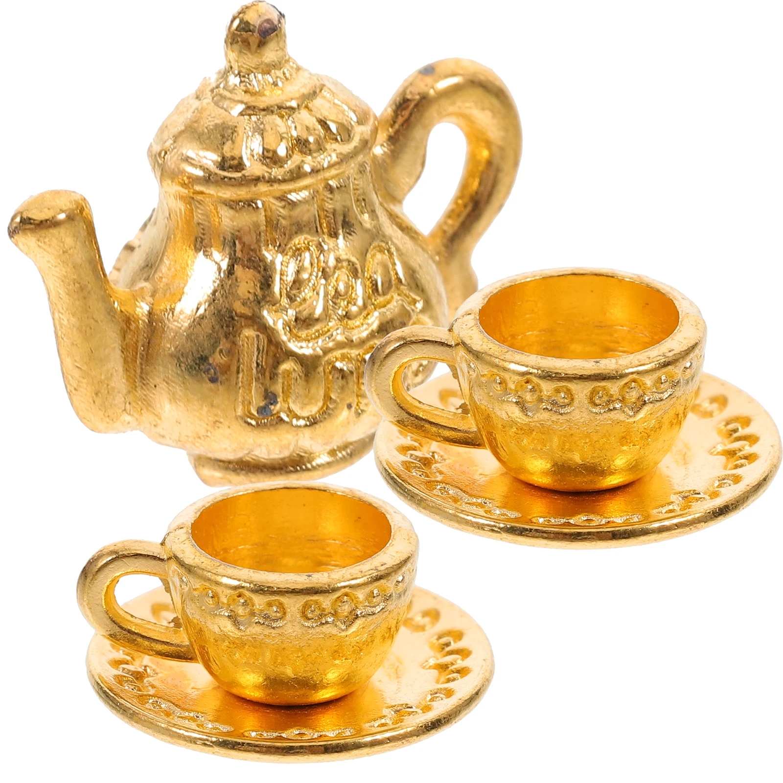 

Metal Teapot Coffee Mini Cups Fairy Toy for Dollhouse Golden Kitchen Cooking Utensils Model Child