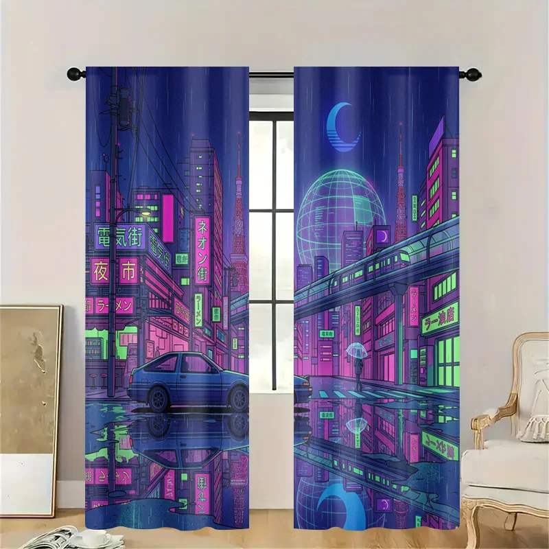 Retro Cyberpunk Anime Tokyo Curtains Neon Cityscape Japanese Window Decor Art Panel Futuristic Anime Style Window Curtain Treatm