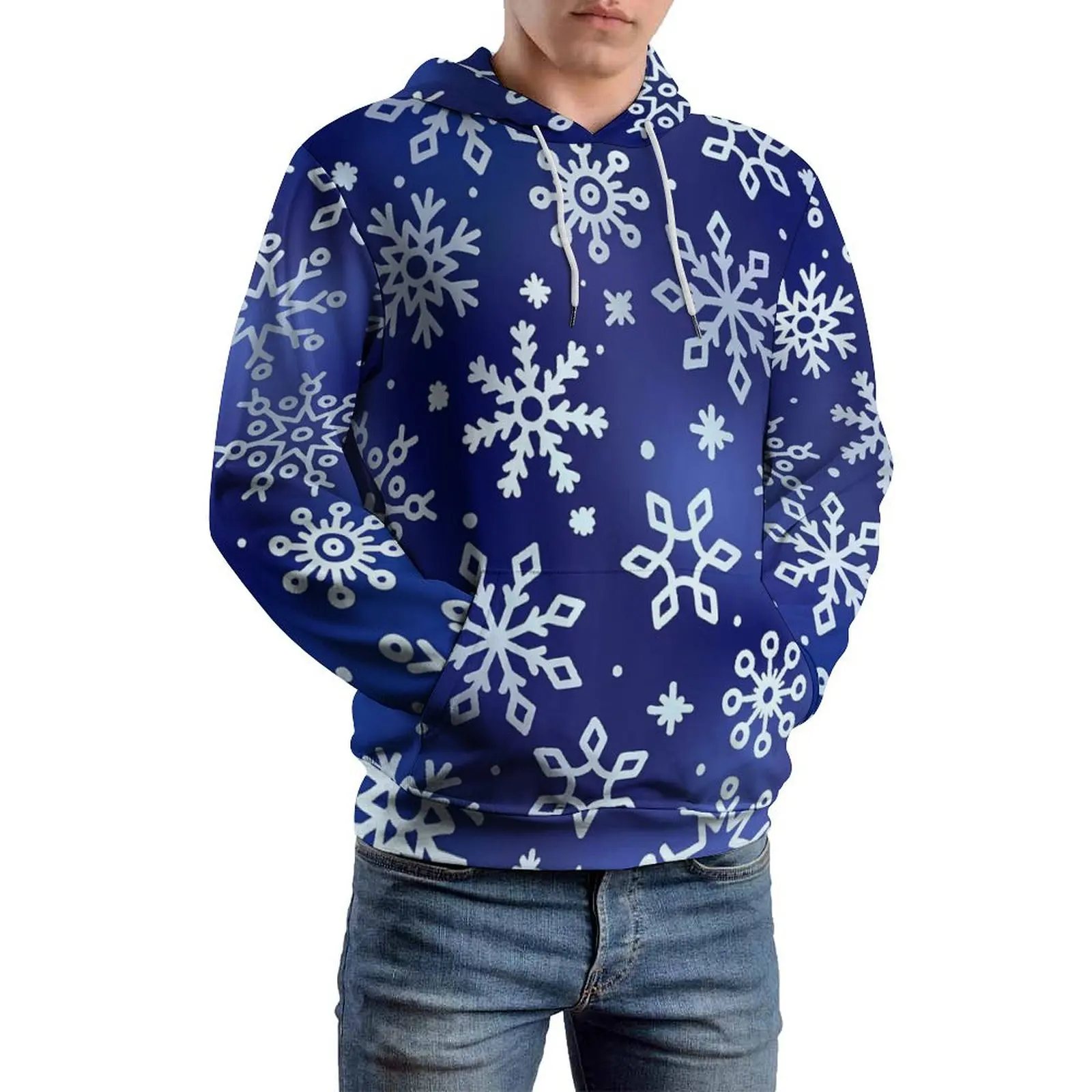 White Snowflake Loose Hoodies Blue Print Funny Hoodie Male Long Sleeve Oversize Streetwear Graphic Sweatshirts