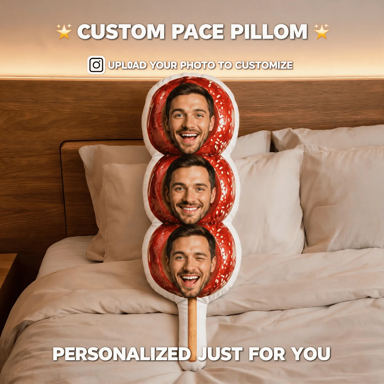 Custom Funny Face-Shaped Pillow, Personalized Photo Smiling Man Tanghulu Design Decorative Cushion, Unique Home Decor Accent for
