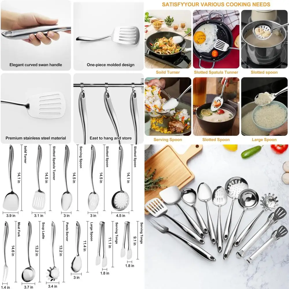 

Набор кухонных инструментов из нержавеющей стали из 11 предметов: лопатка, ложка, ковш, скиммер, токарный станок, сервер для макарон, щипцы