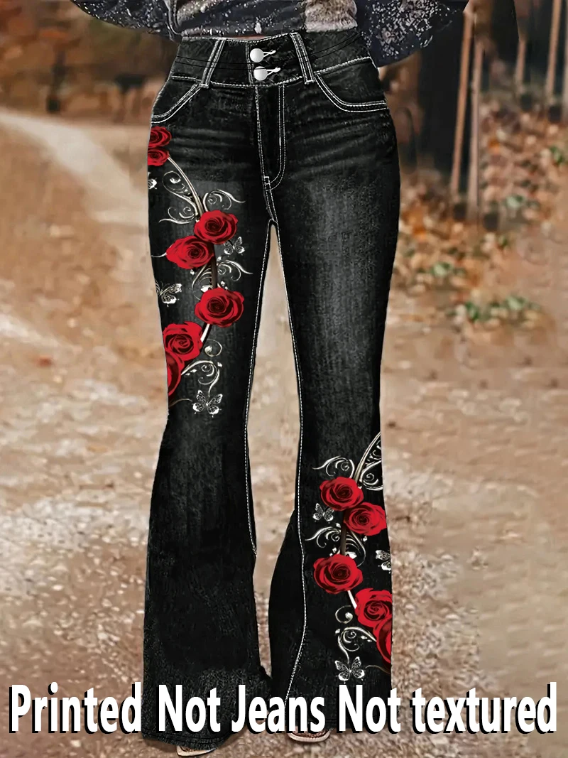 1253 [Calças Estampadas - Não é Tecido Jeans] Calças Flare com Estampa Floral - Tecido Não Jeans, Calças Femininas