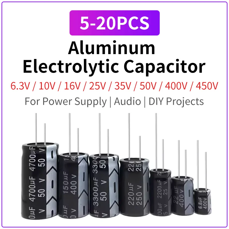5-20PCS Aluminum Electrolytic Capacitor 10V 16V 25V 35V 50V 400V 450V 10uF 22uF 47uF 100uF 220uF 330uF 470uF DIY Power Audio