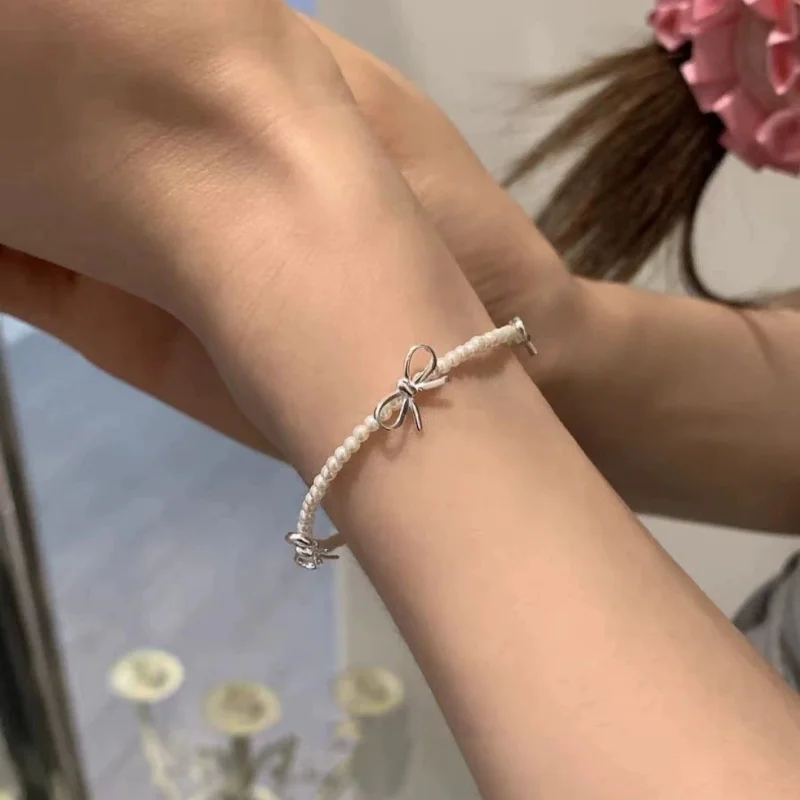 2025 Popular Sweet Girl Chain Retractable Snake Bone Chain Bow Bead Bracelet Couple Party Anniversary Commemorative Jewelry Gift