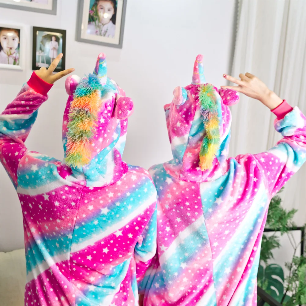 Adult Unicorn Cartoon Onesie Women Flannel Pajamas Animal Cosplay One Piece Sleepwear Winter Thick Jumpsuits Warm Soft Homewear