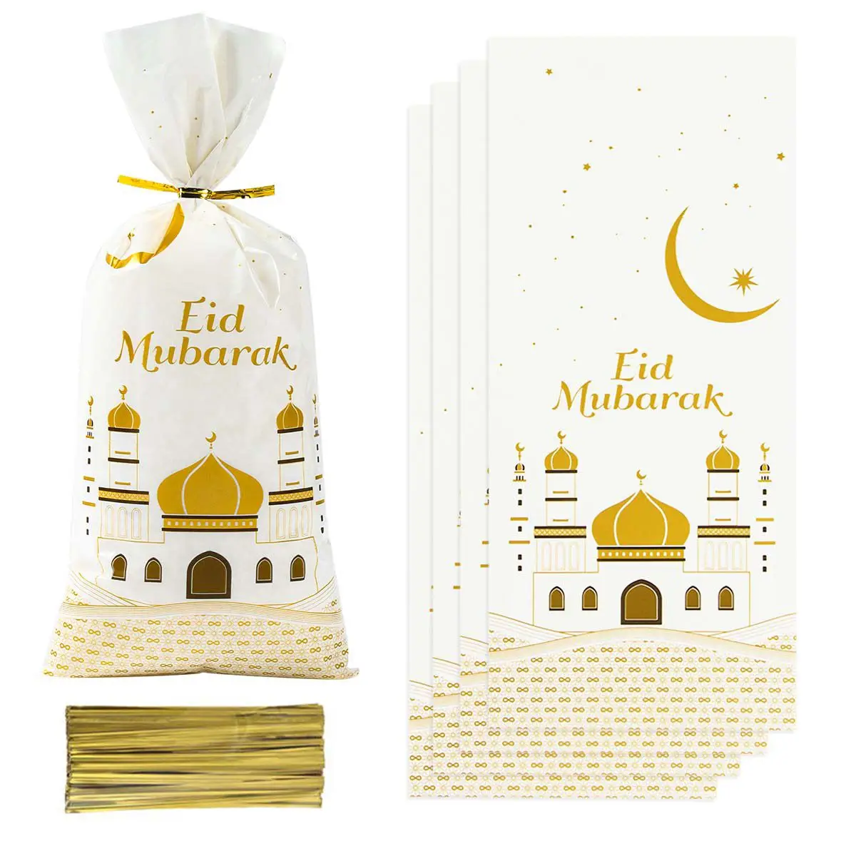 25/50/100pcs Eid Mubarak Gift Bags Plastic Cookie Candy Bag Ramadan Kareem 2024 Islamic Muslim Party Supplies Eid Al-fitr Gift