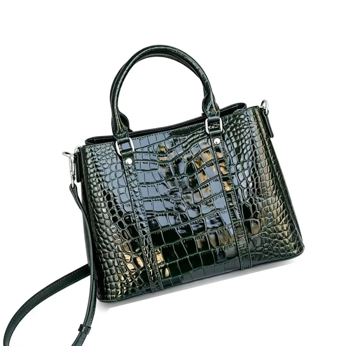 Alligator Pattern Women Genuine Leather Handbag Vintage Top Handle Tote Bag Removable Cow Leather Crossbody Shoulder Purse