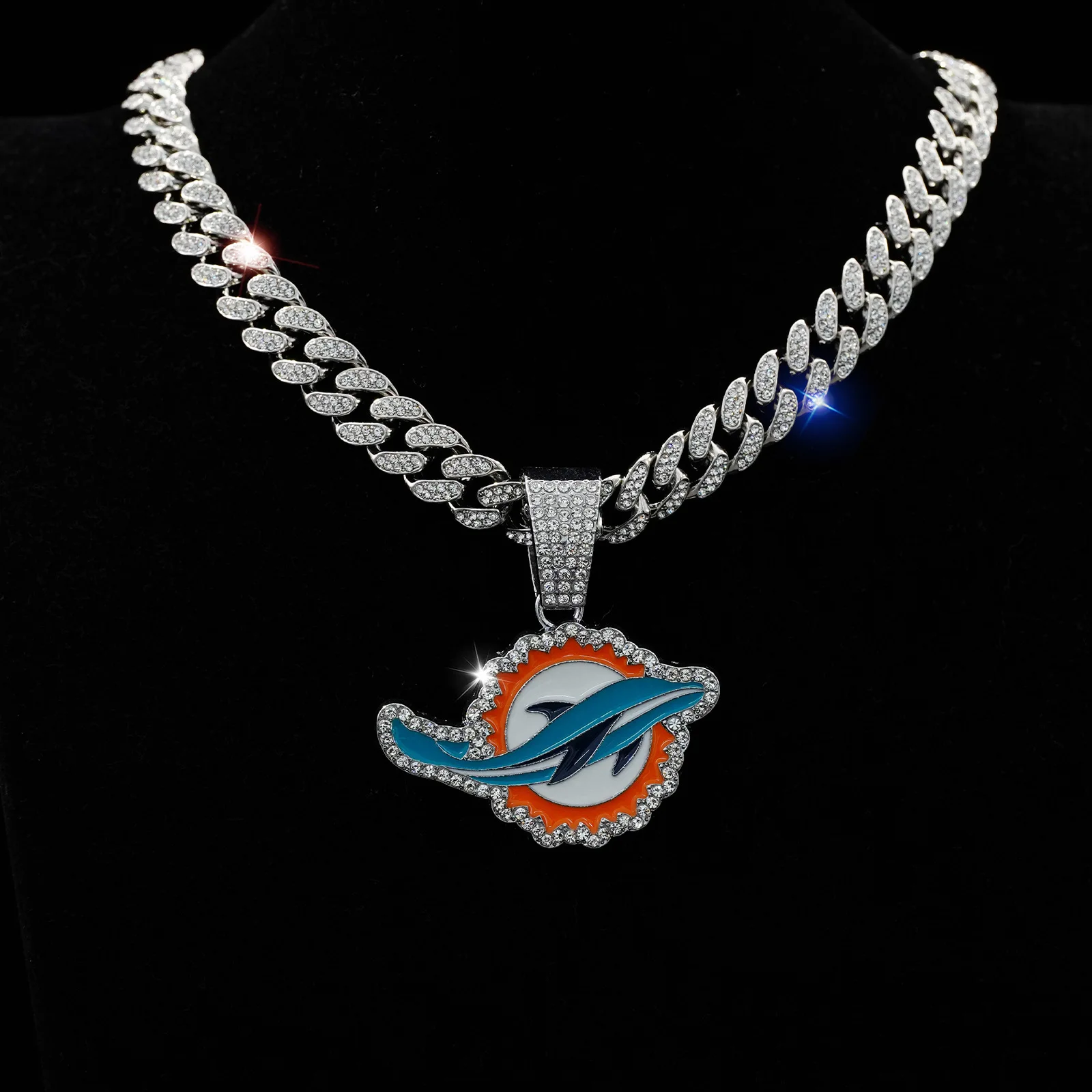 ULJ Hip Hop Dophins Pendant Chain Necklace  With Cuban Iced out Bling Cool Football  Jewelry