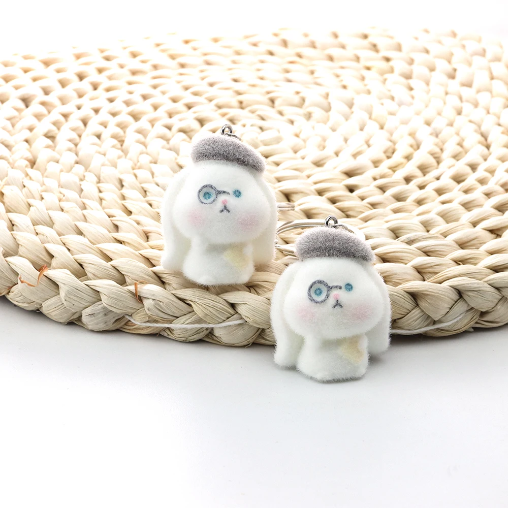 

10Pcs 3D Flocking Resin Thinking Rabbit Keychain Cute Couple Rabbit Pendant for Bag Phone Charms Family Decoration Making Crafts