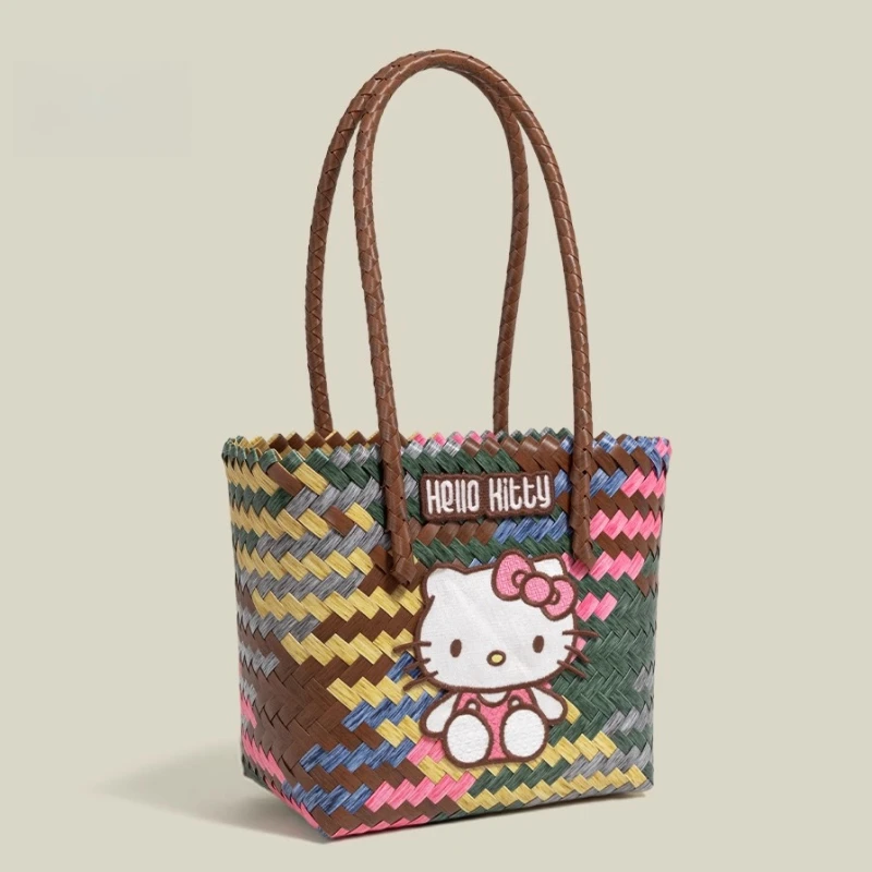 

Sanrio Hello Kitty пляжная тканая сумка для женщин и девочек Kawaii портативная сумка на плечо большая вместительная сумка в стиле отпуска сумка