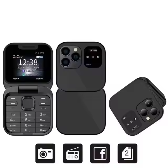 I16 מיני קפל טלפון נייד 2g gsm כפול כרטיס SIM מהירות חיוג שחקן וידאו קסם קול 3.5 מ מ "מ ג ג 'ק fm מזרק pheedual s