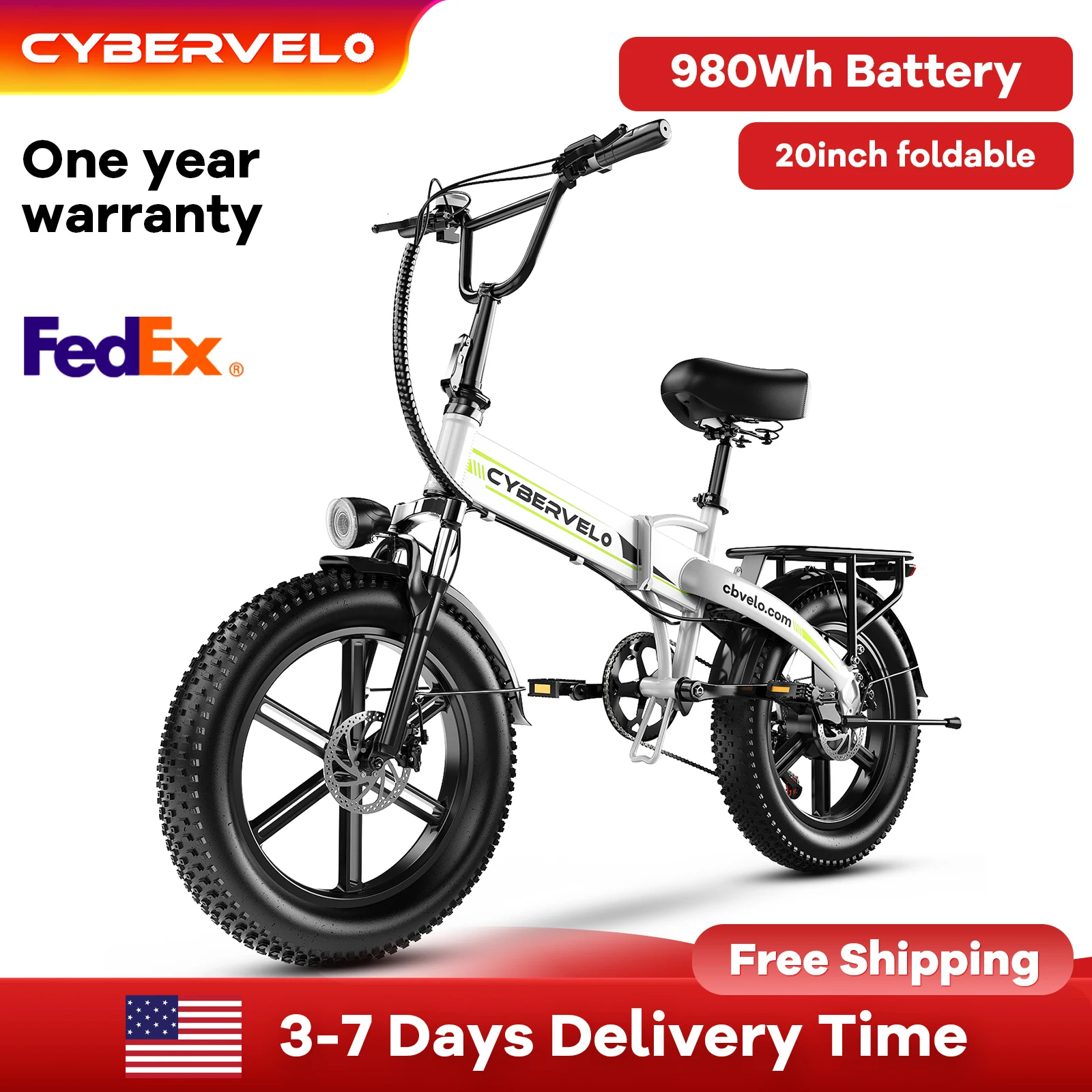 

Cybervelo EK5 Foldable 1000W Peak Motor Electric Bike, Built-in Battery Long Range for Outdoor Explore, 20” Fat Tire All Terrain