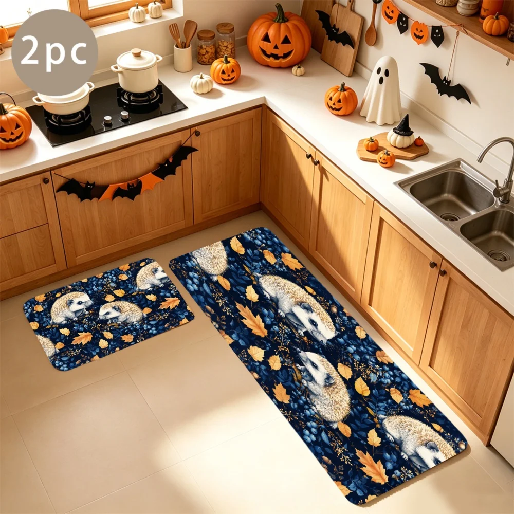1/2/3pcs Kitchen Rugs, Welcome Door Mat Set, Home Halloween Decoration for Front Door, Kitchen, Bathroom, Hedgehog Autumn Leaves Blue Background Kitchen Mat Pattern Print Design Dining Mat, Housewarming Party Gift.