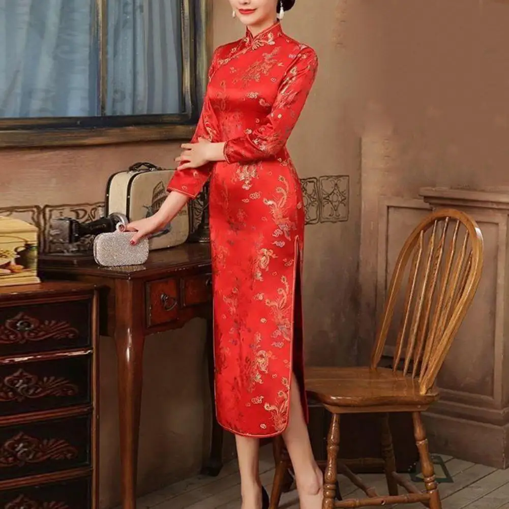 

Retro Cheongsam Dress Elegant Chinese Style Women's Cheongsam Dresses for Weddings Parties Classic High Slits Long Fork Qipao