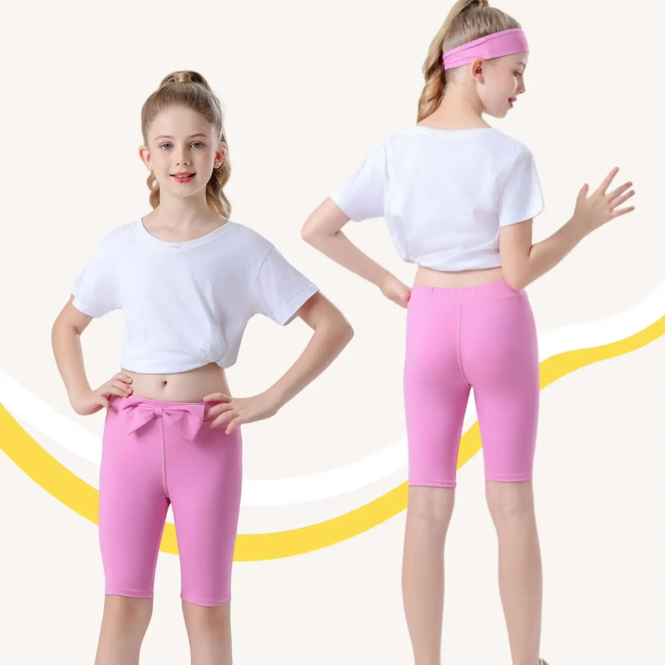 2-Pack Girls' High Waist Play Shorts - Quick-Dry Nylon-Spandex Yoga Dance Bow Detail Anti-Ride Hem Clearance Deal image 2