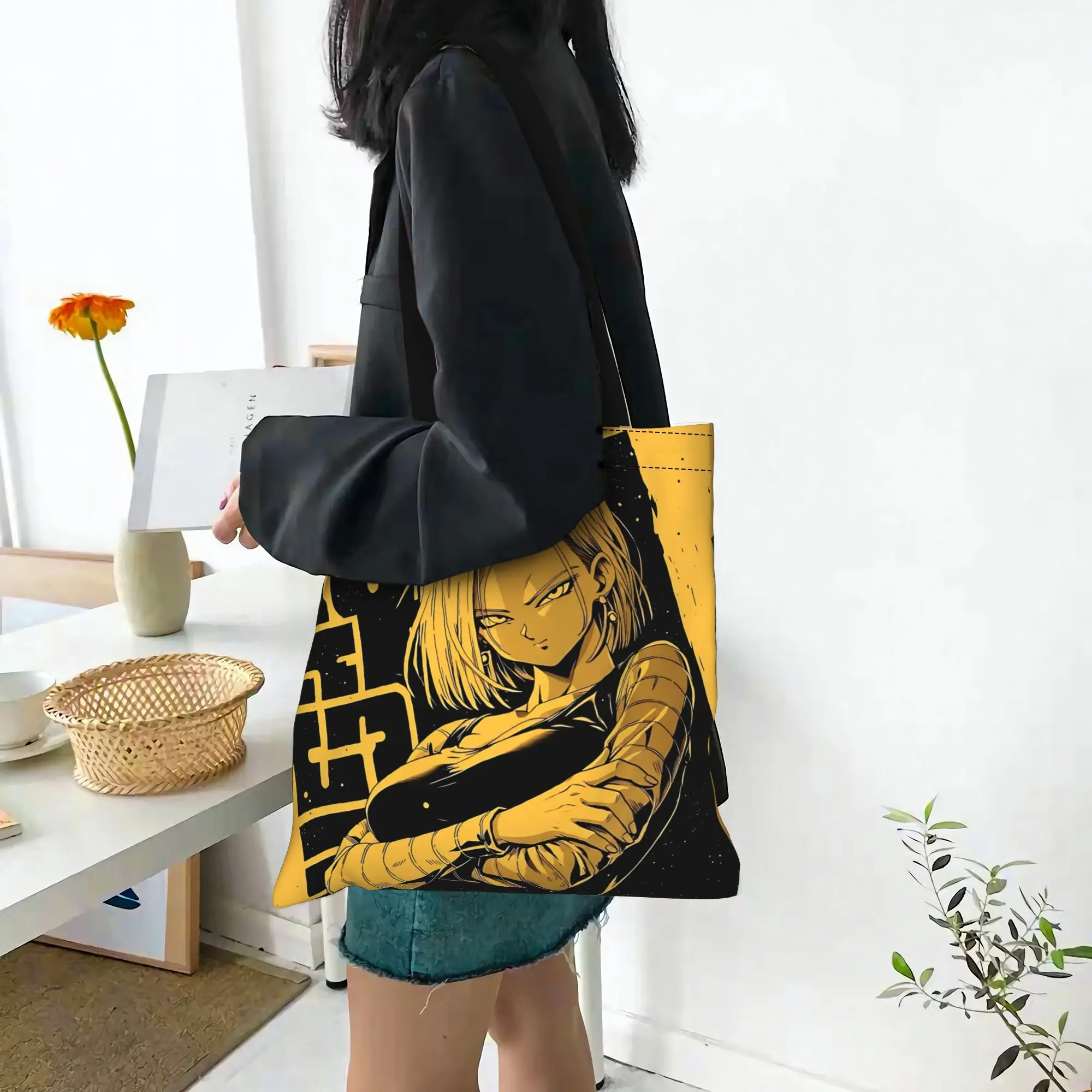 Customized Dragon Ball Android 18 Women's Bag Shopping Bag Reusable Double Sided Canvas Tote Bag Shoulder  Handbag