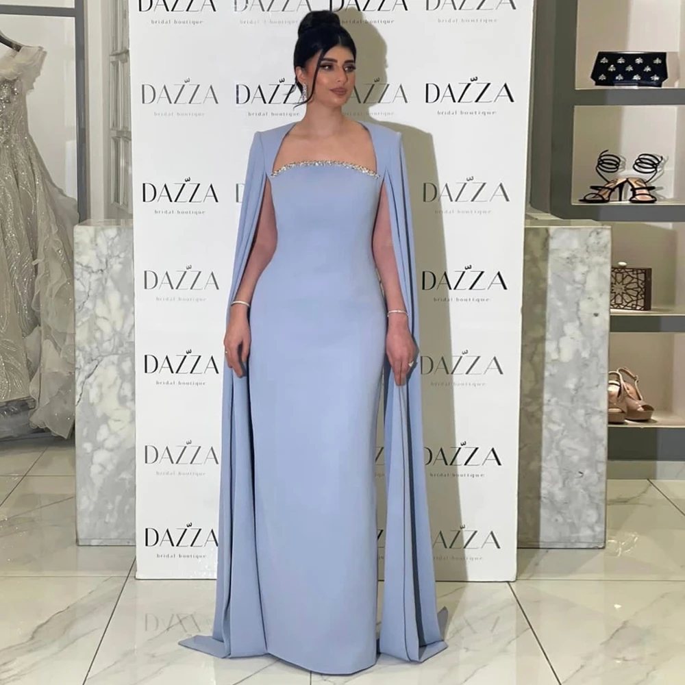 

Elegant Blue Mermaid Arabic Evening Dress with Cape Sleeves for Women Wedding Party Dubai Formal Prom Gowns 2024