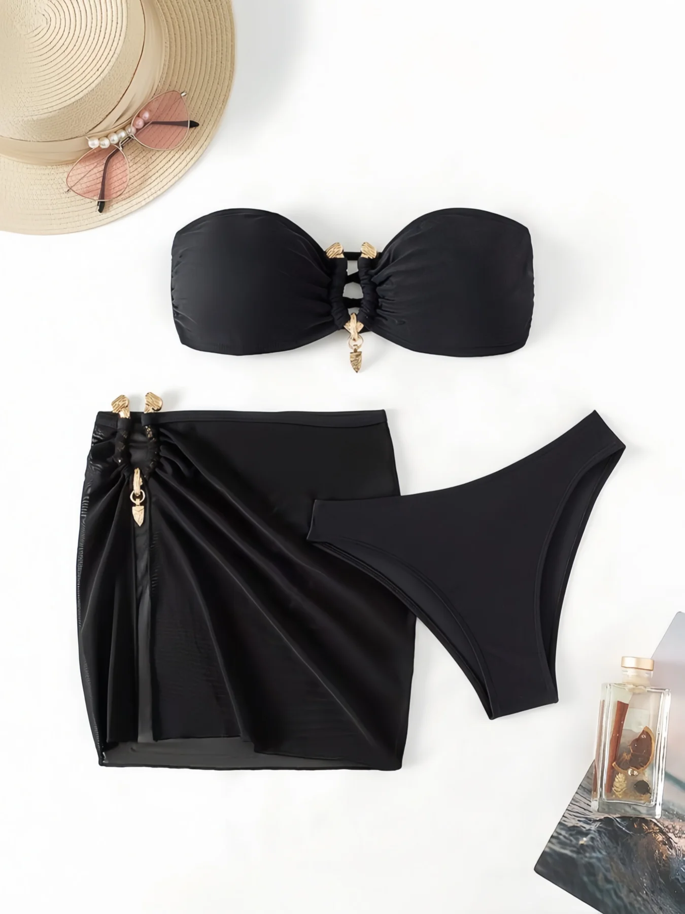 3-częściowe bikini bandeau z łączonymi pierścieniami 2026, jednolite stroje kąpielowe, seksowny strój kąpielowy damski, kostium kąpielowy dla kobiet, strój do pływania