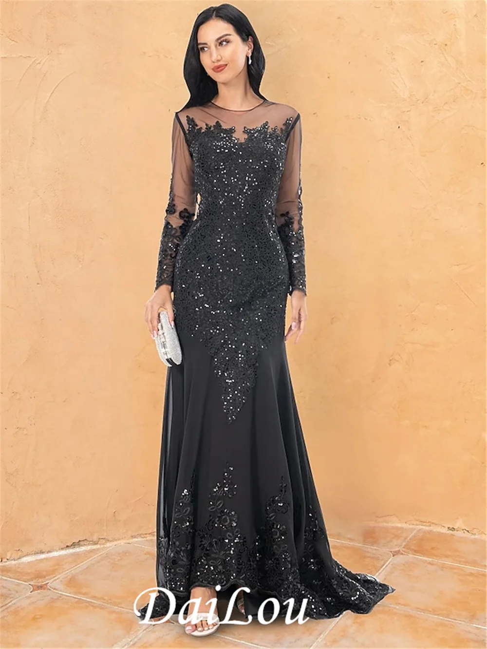 

Mermaid / Trumpet Evening Gown Elegant Dress Formal Sweep / Brush Train Long Sleeve Jewel Neck Lace with Beading Embroidery