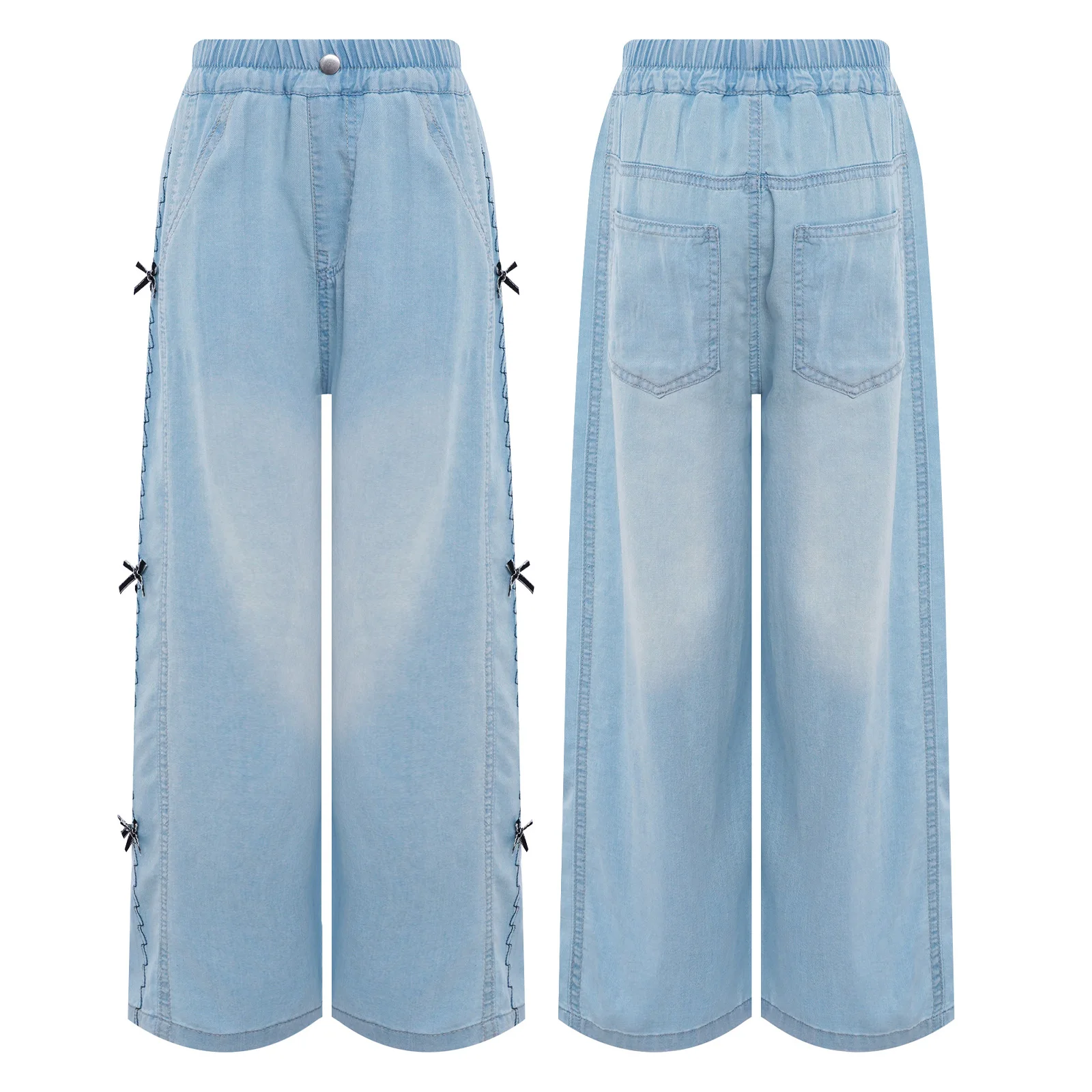 

Summer Kids Girls Jeans Pants Casual Cute Bowknots Elastic Waistband Wide-Leg Denim Pants with Pockets for Park Picnic Holiday