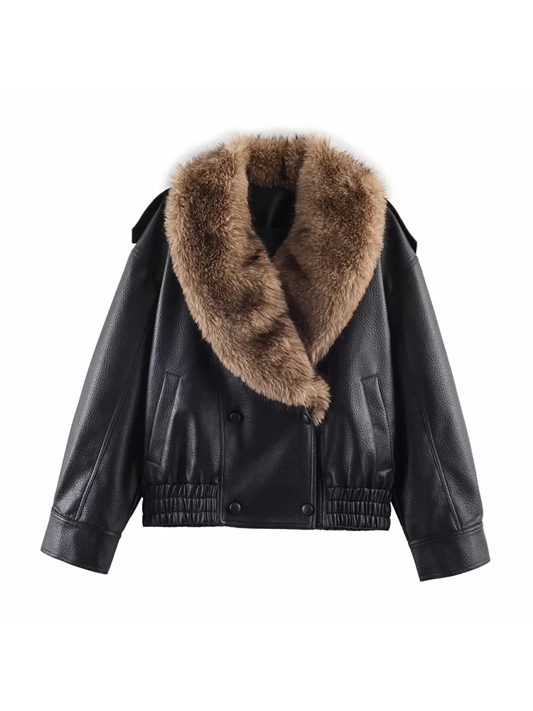 المرأة الجديدة خريف شتاء بولي Leather سترة جلدية فو الفراء التلبيب سترة فضفاضة معطف المرأة موضة خمر الشارع الشهير سترة للسيدات
