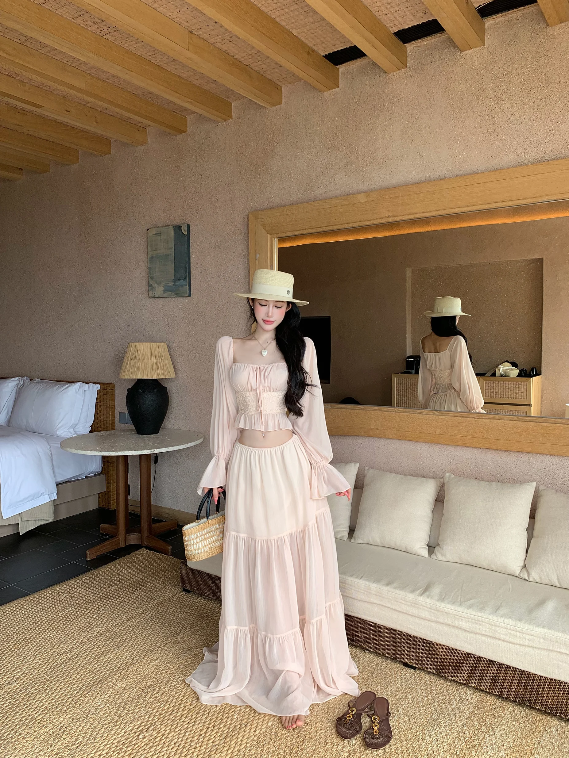 

Sexy Pure Desire Spring Summer Top Half Skirt Set Bell Sleeve Long Sleeve Slim Fit French Style mid High Waist Pure Color
