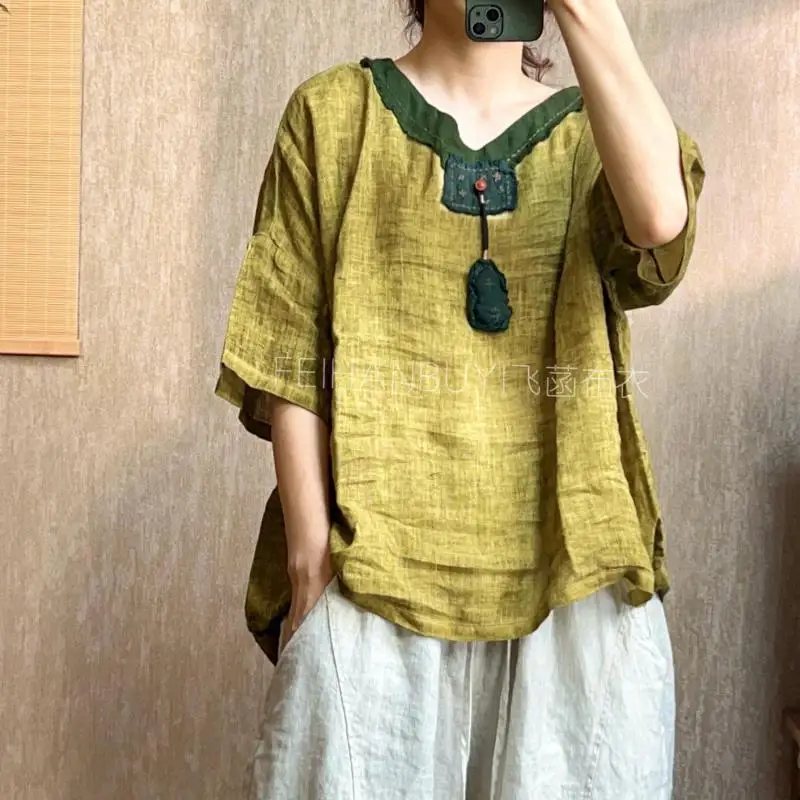 New Summer Arts Style Women Patchwork V-neck Gourd Pendant Embroidery Tshirt Vintage Cotton Linen Loose Tee Shirt Femme Tops