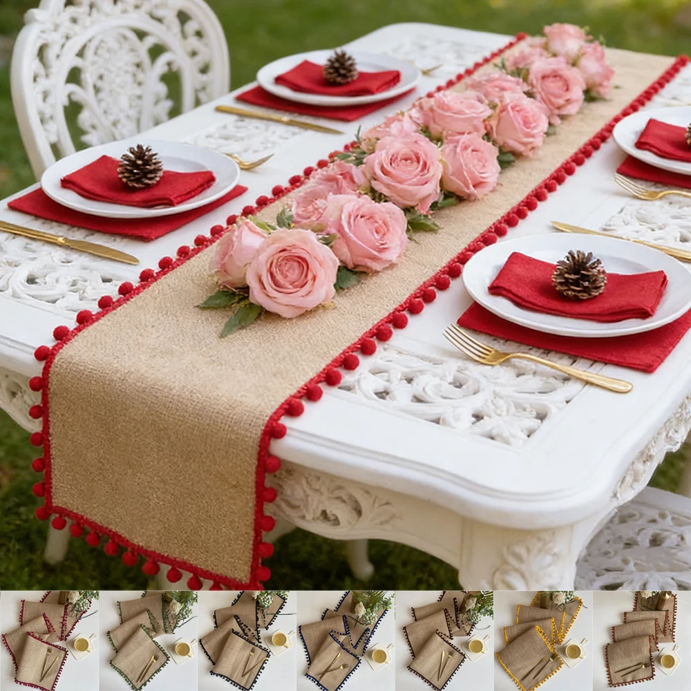 

33cm Width Jute Linen Vintage Natural Table Runner Rustic Khaki Party Country Wedding Holiday Decoration Home Party Chair Decor
