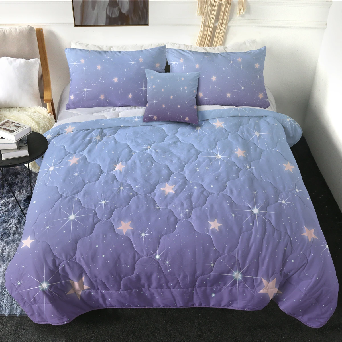 

Shining Stars in Purple Sky Printed Comforter Set for Kids and Adults Modern Bedspread Home Decor