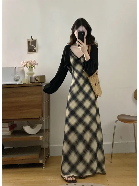 

plus Size Women's Vintage Plaid V-Neck Strap Dress Summer Thin Shoulder Shawl Top Set City Commute Style High Waist Long Skirt