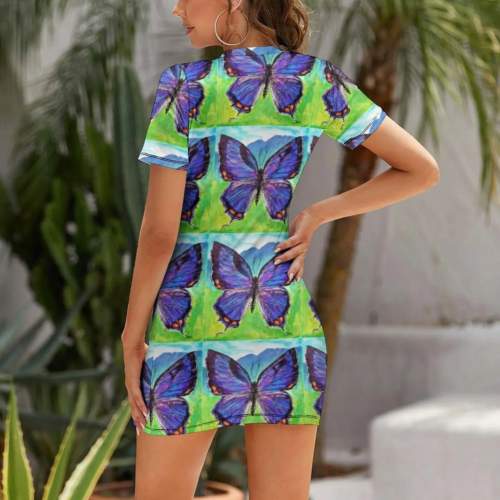ชุดเดรสแขนสั้นลายผีเสื้อสำหรับงานเทศกาล ชุดออกงานสำหรับผู้หญิง เสื้อผ้าผู้หญิง