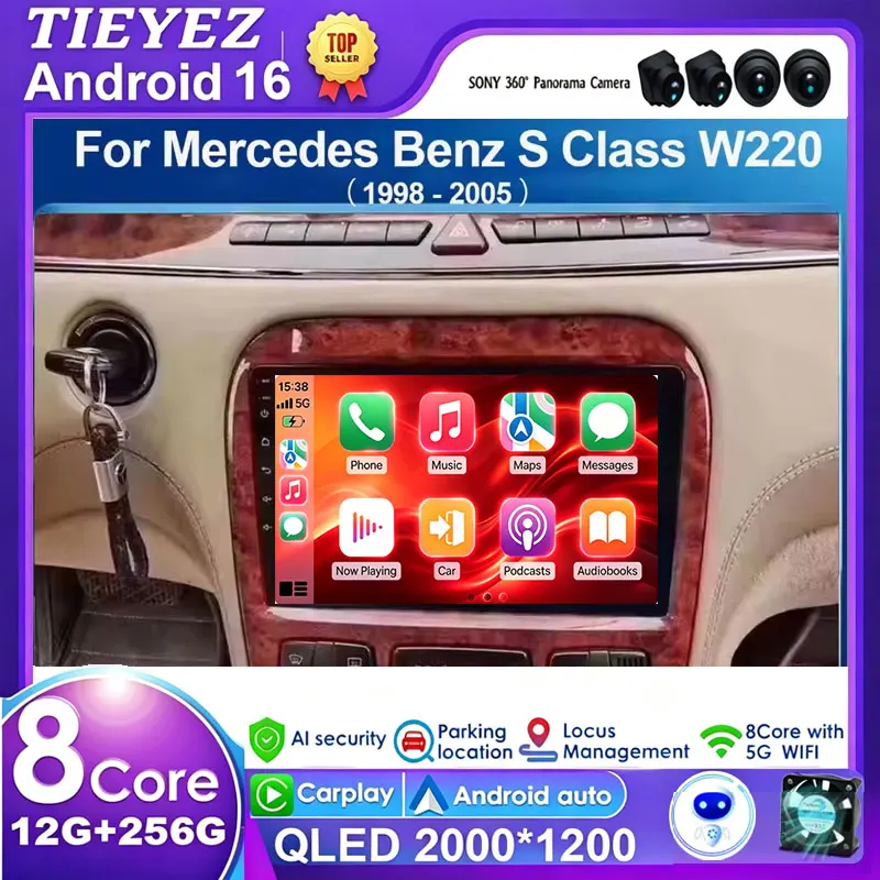 Android 16 Car Radio for Mercedes Benz S Class W220 S280 S320 S350 S400 S430 S500 S600 AMG 1998-2005 GPS WIFI 4G Carplay NO 2Din