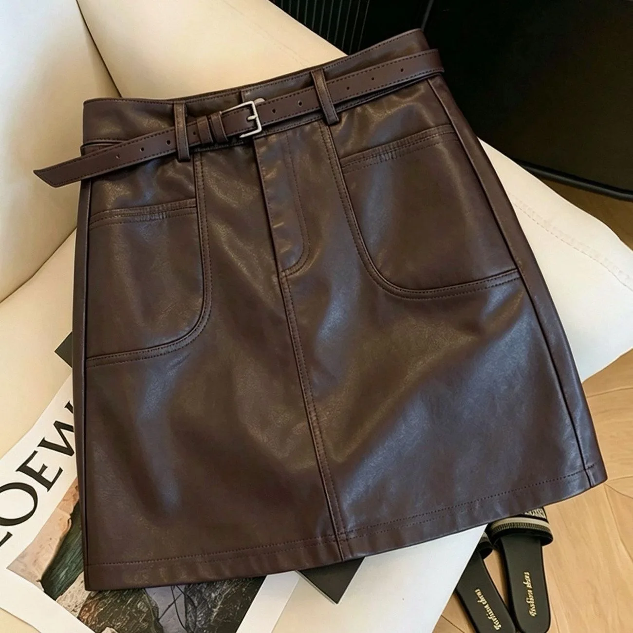 Brown PU Leather A-Line  Skirt Women's High Waist Slim Fit Retro Wrap around Skirt Cake Shape Standard Edition for Autumn