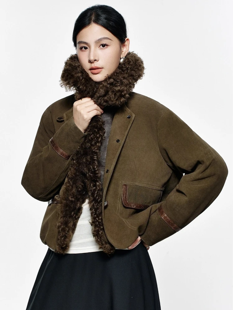 

Natural Wool Collar Genuine Leather Suede Jackets for Women High-end Simple Short Winter Real Sheepskin White Goose Down Coat