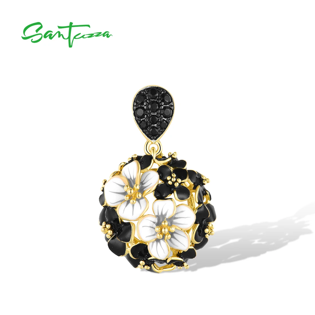 

SANTUZZA Pure 925 Sterling Silver Pendant for Women Sparkling White Black Hollow Cluster Enamel Flower Delicate Fine Jewelry