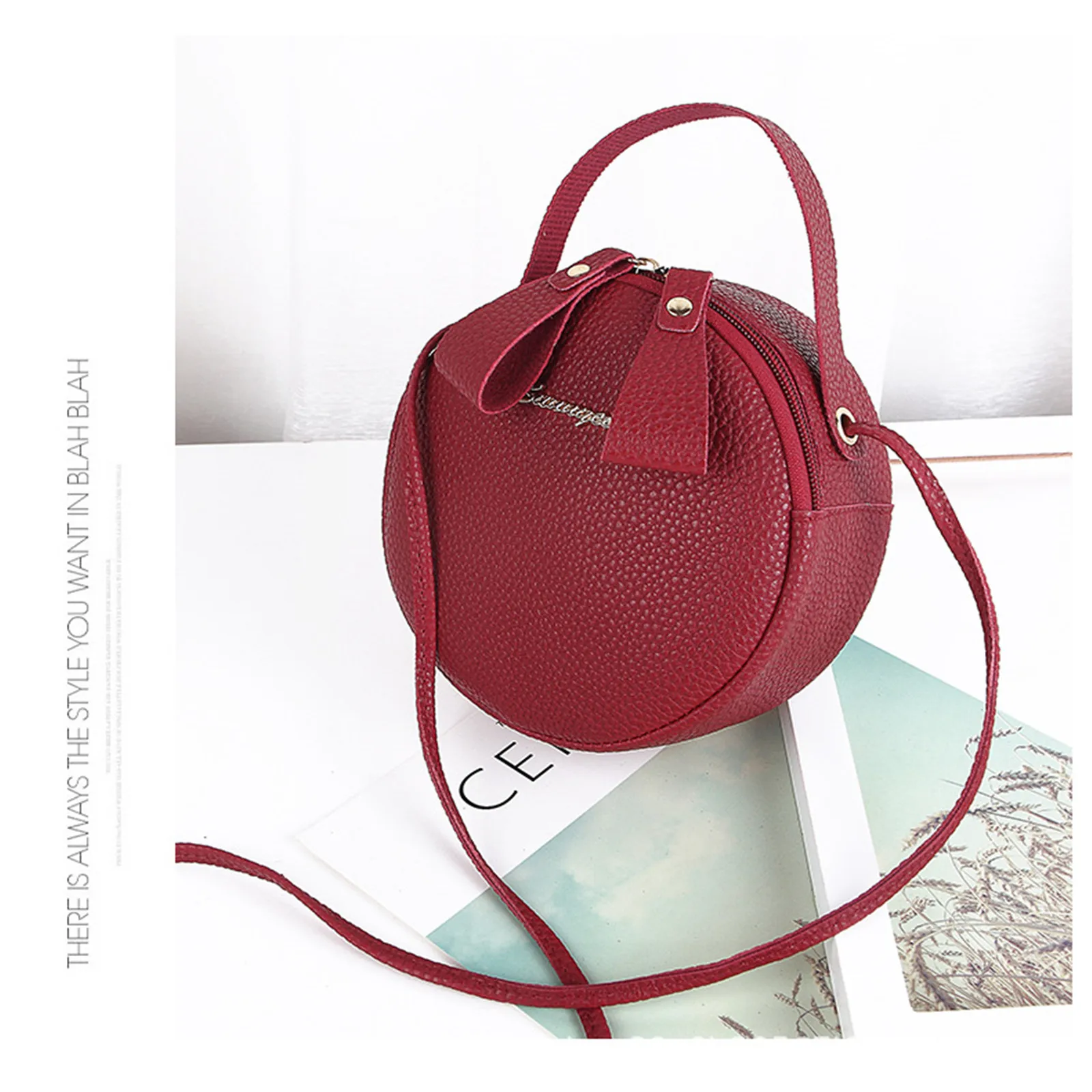 Sac à main rond en cuir PU pour femmes, sacoche à motif litchi initié à la mode simple de styliste avec fermeture éclair, sac à bandoulière solide pour documents dames