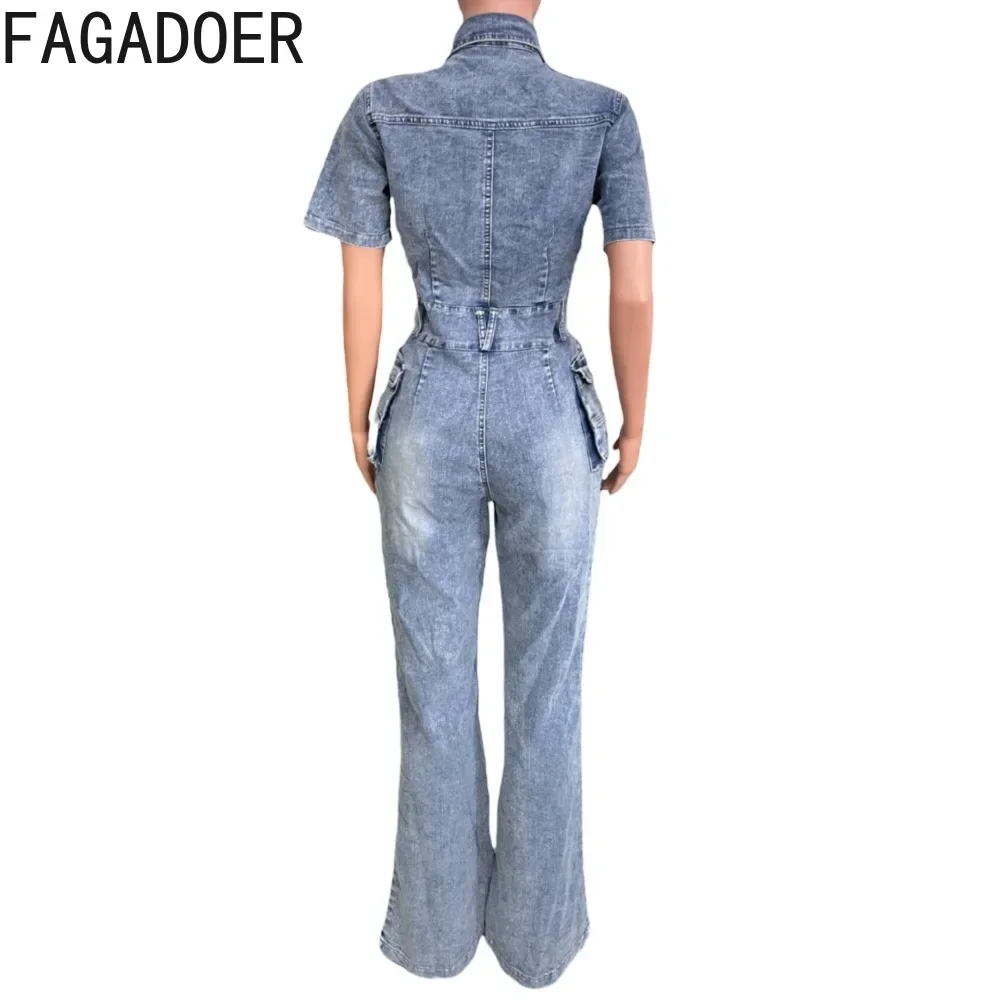 FAGADOER Blue Denim Jumpsuits Women Fashion Short Sleeve Lapel Cargo Pocket Stretchy Bodycon One Pieces Jeans Overall Streetwear