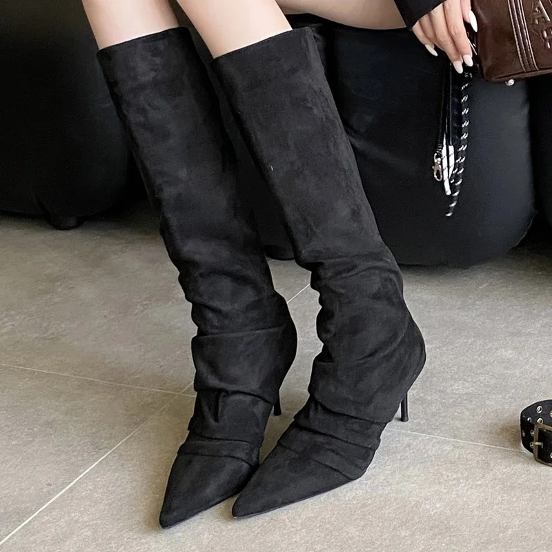 Aneikeh جديد الخريف الشتاء رقيقة أحذية عالية الكعب موضة حزام مشبك أشار تو المرأة الركبة عالية فستان الحفلات الأحذية