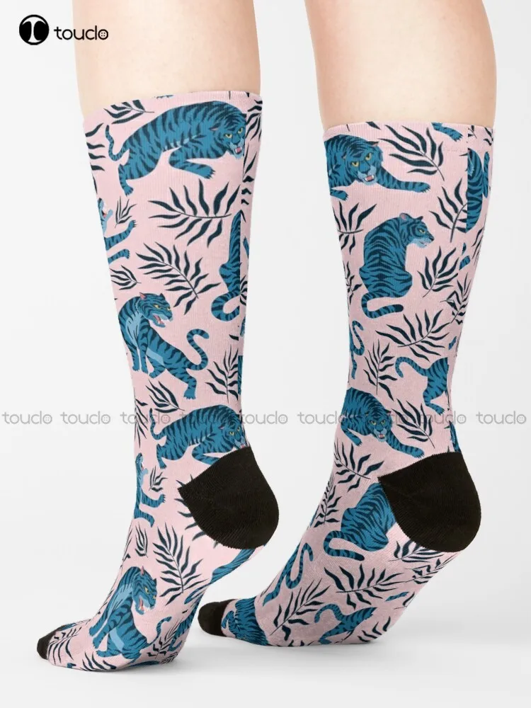 Asian Tigers And Tropical Leaves Socks Work Socks Street Skateboard Socks Personalized Custom Unisex Adult Teen Youth Socks Art