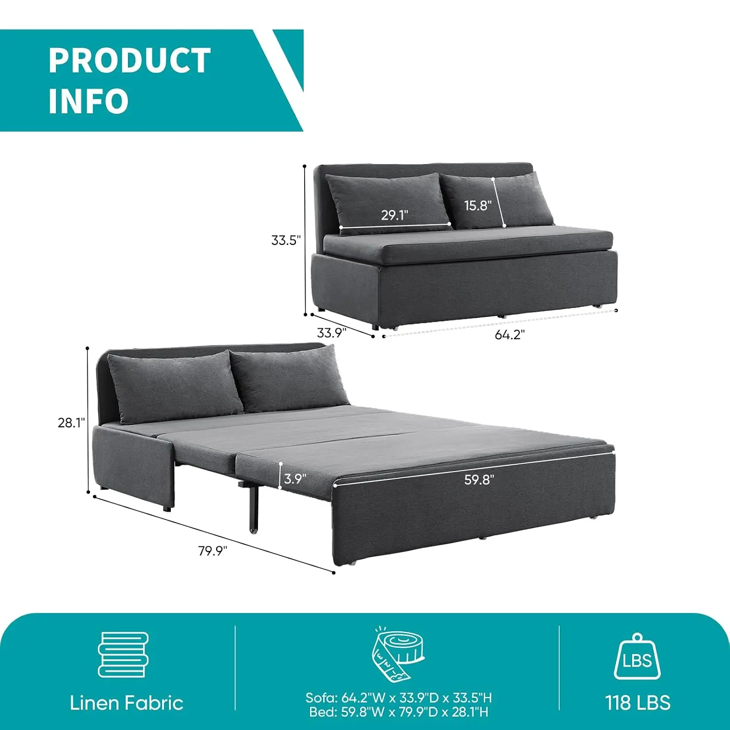 Queen Sofa Bed Convertible Sleeper with Pullout Bed, Folding Guest Bed, Tri-fold Loveseat for Living Room, Customized