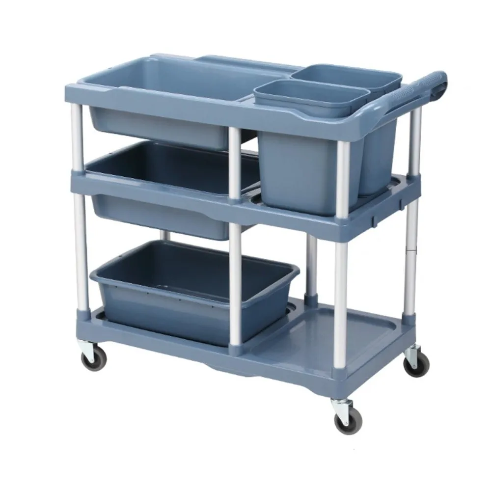 3 Tier Heavy Duty Rolling Restaurant Cart with Wheels Commercial Restaurant Utility Storage Cart with 3 Basin 2 Barrels