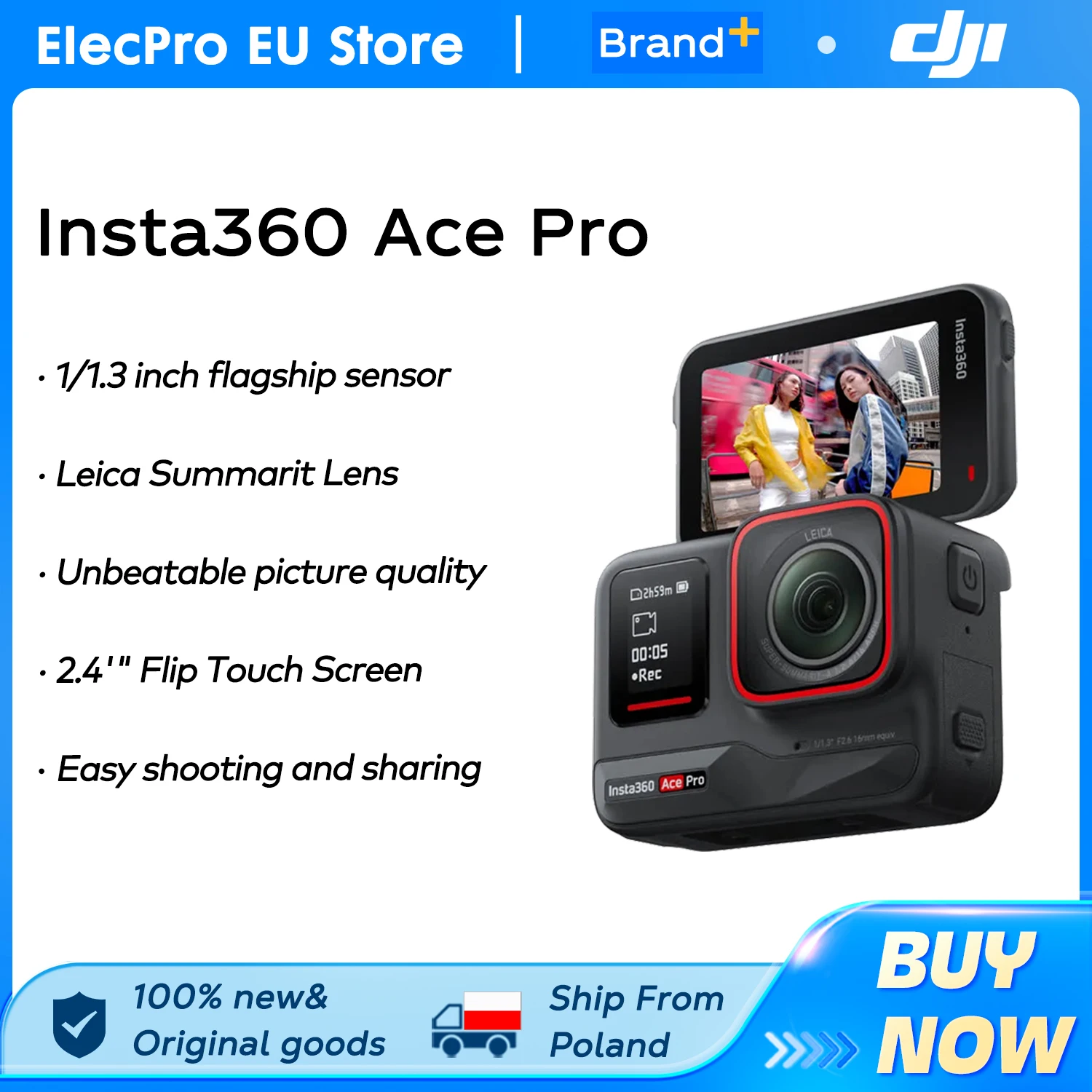 Caméra d'action étanche Insta360 Ace Pro conçue avec un capteur Leica 1/1.3" Réduction de bruit par IA pour une meilleure image 4K120fps Originale
