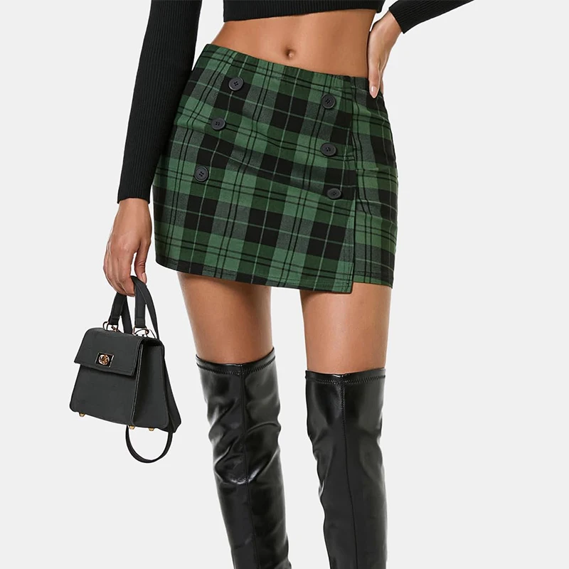 Europe American Plaid Sheath Woolen Short Mini Skirt Button Decor High Waist Bag Hip Stylish Fall Winter Matching Pencil Skirt