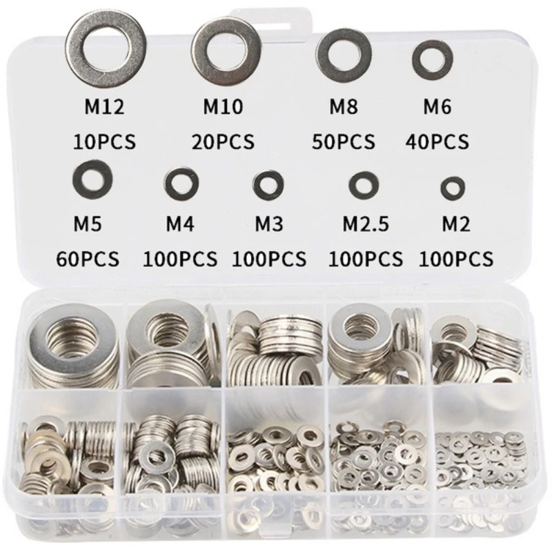 580/75pcs Stainless Steel Flat Washers Kit M2-M12 for DIY Machinery Projects Screw Fastener Hardware Accessories