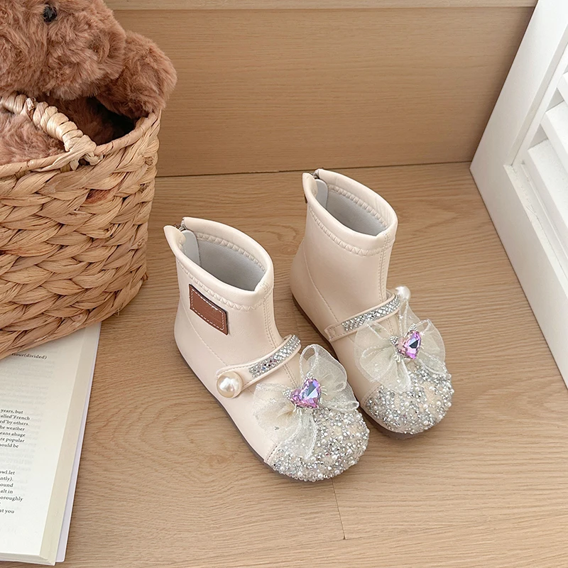 Toddler Girls Leather Boots with Ribbon Bow 2026 New Winter Kids Thermal Boots Non-slip Trendy Princess School Party Wedding